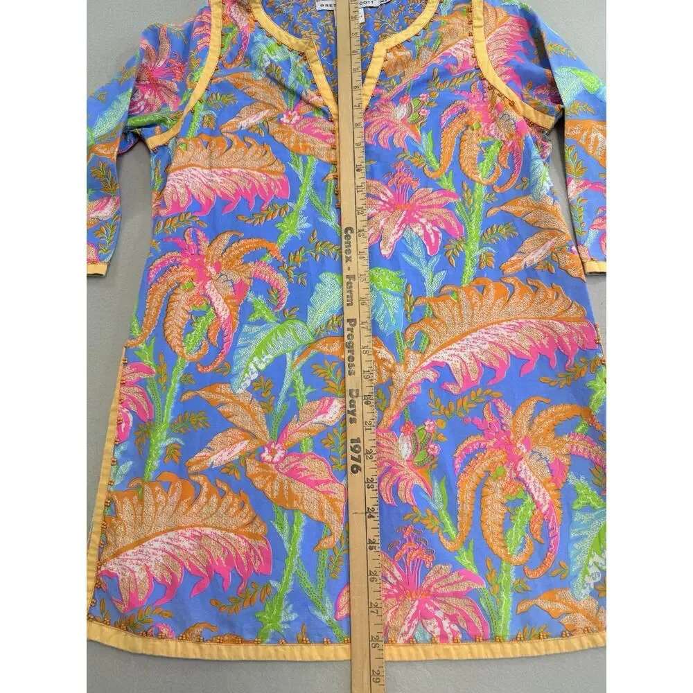 Gretchen Scott Womens XS Blue Orange Pink Tropical Floral Bead V-Neck Tunic Top - Picture 2 of 10